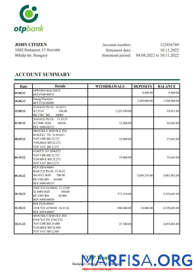 Downloadable Hungary OTP bank statement excel example
